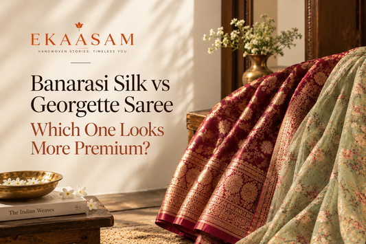 Ekaasam Banarasi silk and Georgette sarees showcasing different premium looks and textures.