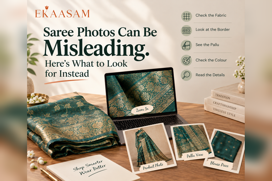 Ekaasam graphic highlighting key details to check when buying a Banarasi saree online, including fabric, border, pallu, colour and product photos.