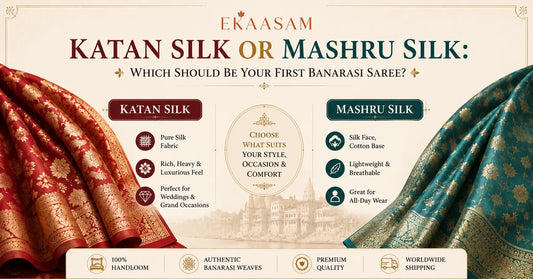 Katan Silk vs Mashru Silk Banarasi sarees comparison guide showing the differences in fabric, comfort, occasion, and style for first time buyers.