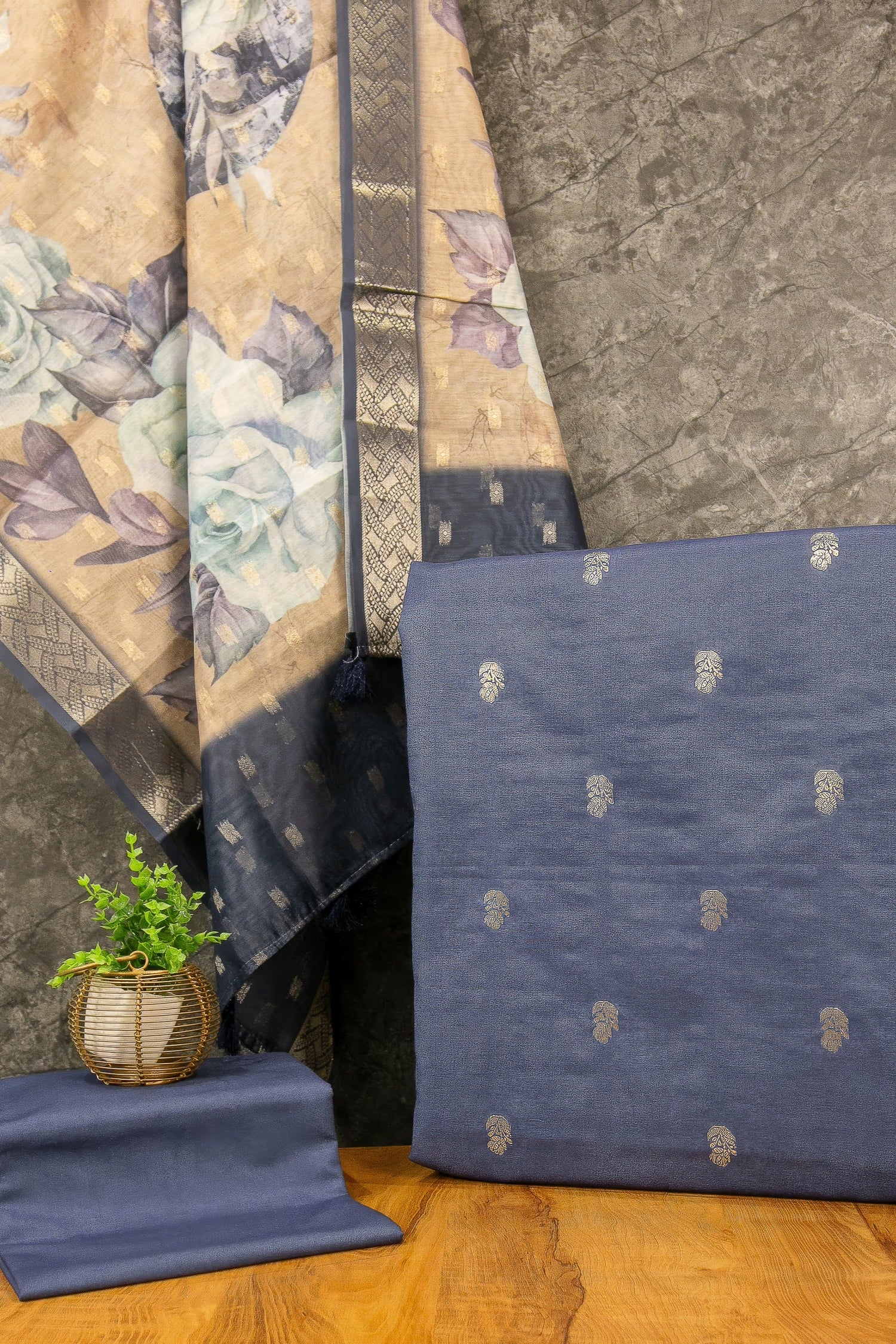 Banarasi Zari Weave Suit Fabric with Contrast Digital Print Dupatta