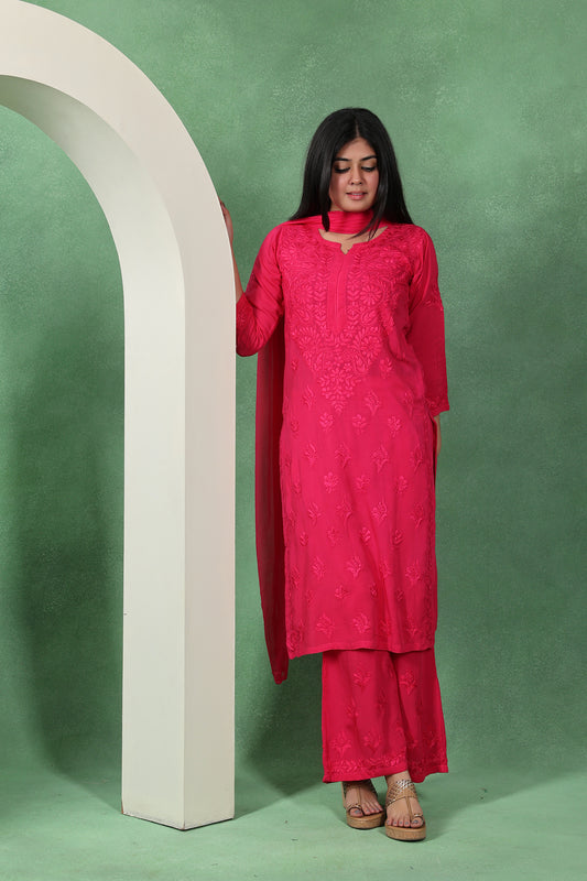 Chikankari Kashmiri 3 Piece Palazzo Set with Modal Dupatta
