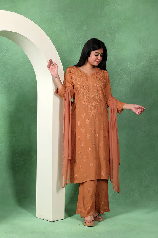 Chikankari Kashmiri 3 Piece Palazzo Set with Modal Dupatta