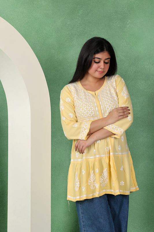 Chikankari Solid Women's Short Kurta with Frill