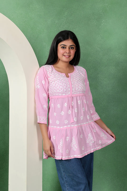 Chikankari Solid Women's Short Kurta with Frill