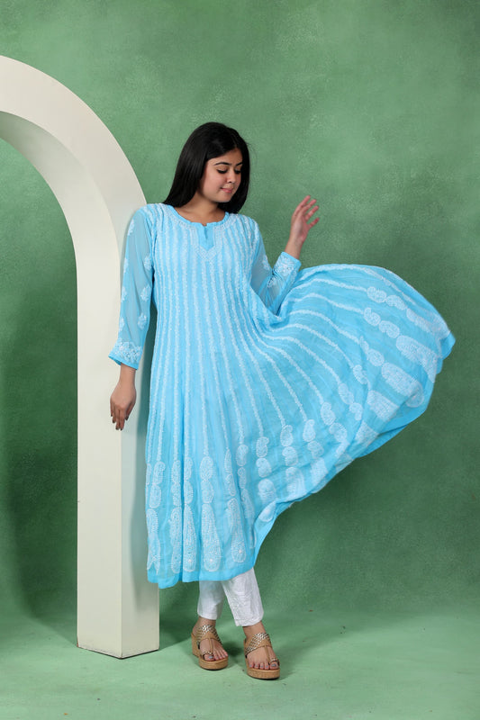 Chikankari Angarkha Anarkali Kurti