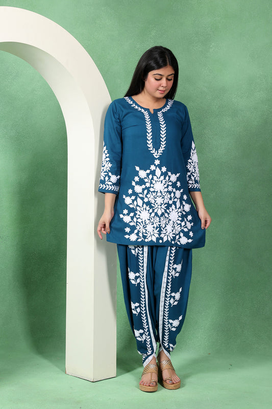 Chikankari Short Kurta with Dhoti Set for Women