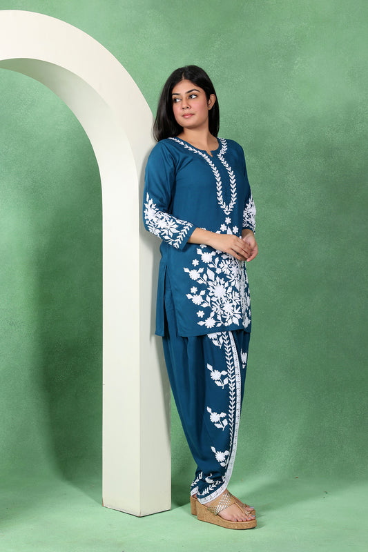Chikankari Short Kurta with Dhoti Set for Women