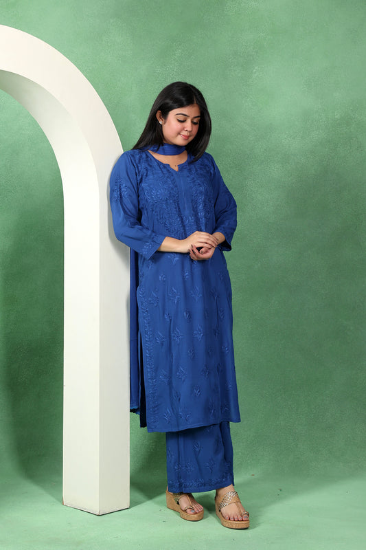 Chikankari Kashmiri 3 Piece Palazzo Set with Modal Dupatta
