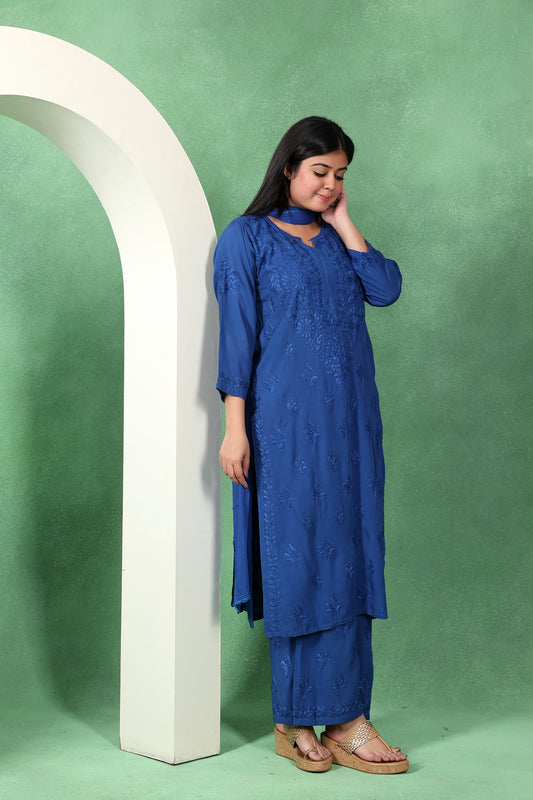 Chikankari Kashmiri 3 Piece Palazzo Set with Modal Dupatta