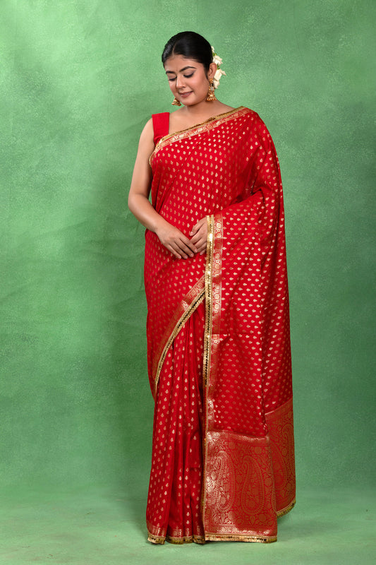 Sindoori Saanjh – Red Banarasi Semi Katan Silk Saree