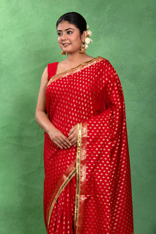 Sindoori Saanjh – Red Banarasi Semi Katan Silk Saree