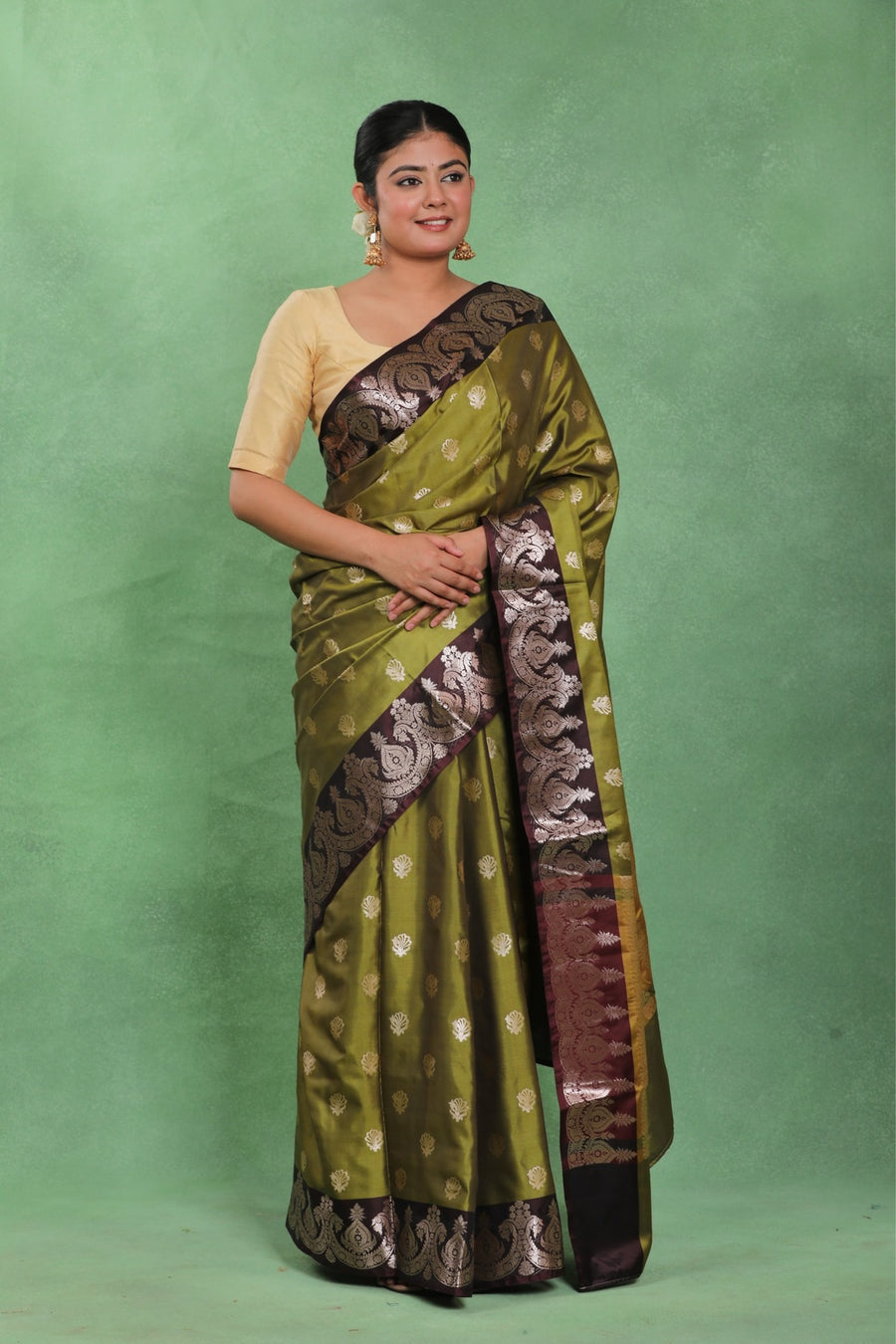 Mehendi Maroon Weave – Banarasi Katan Style Saree