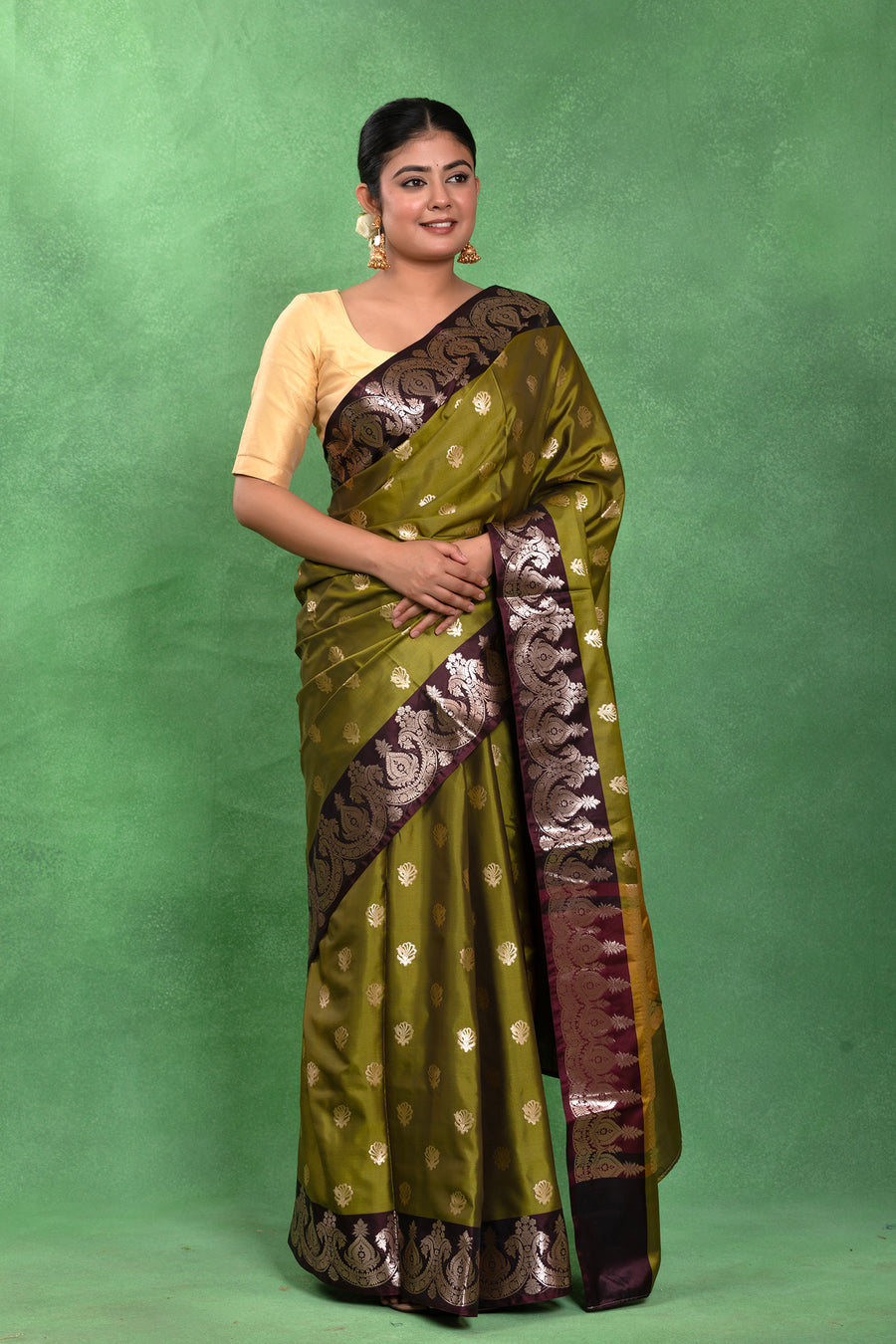 Mehendi Maroon Weave – Banarasi Katan Style Saree