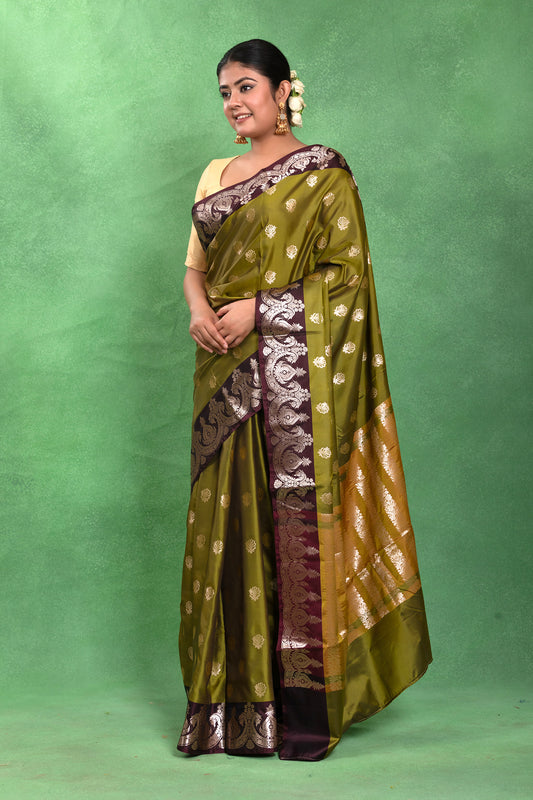 Mehendi Maroon Weave – Banarasi Katan Style Saree
