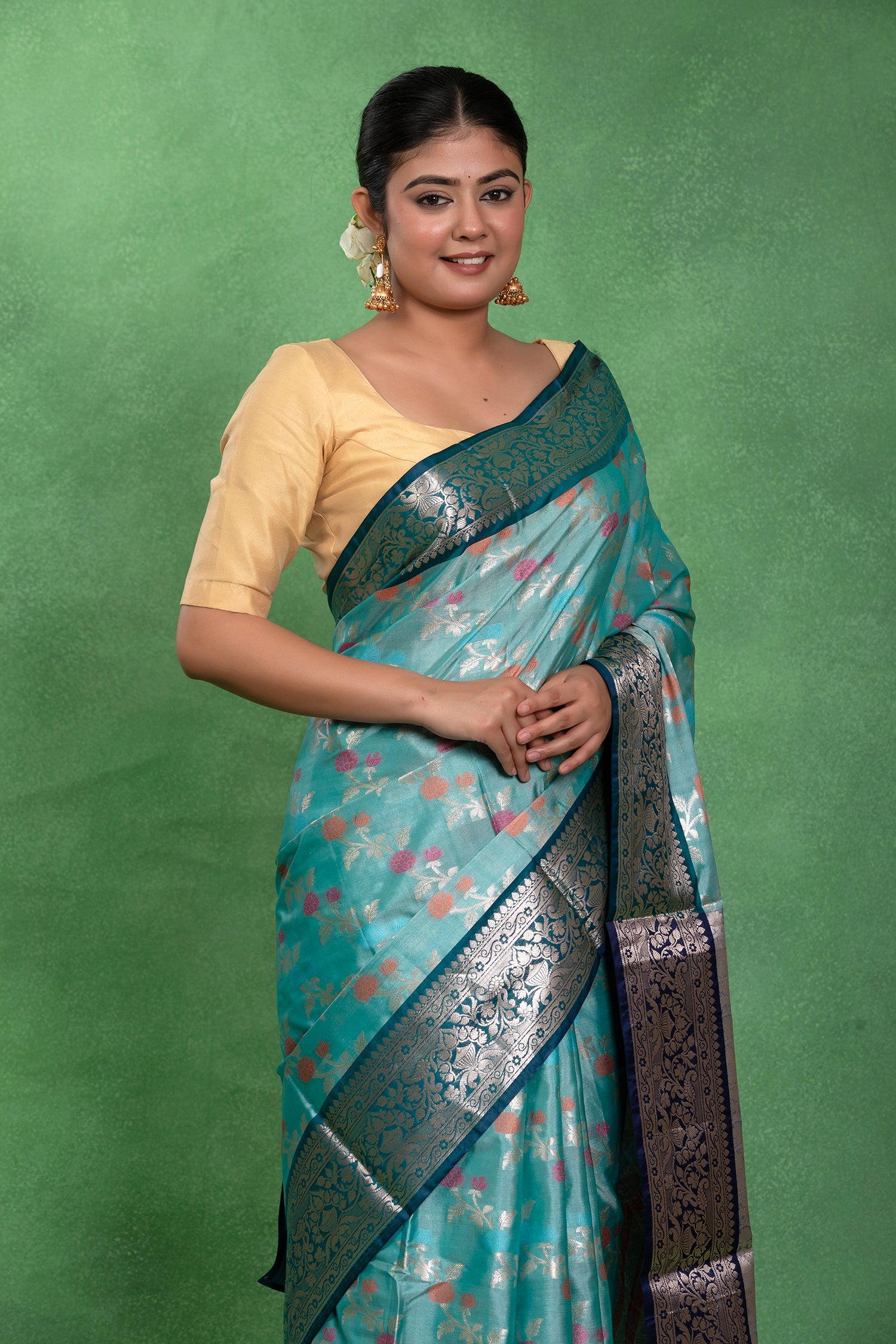 Phoolwari Peach – Banarasi Katan Style Saree