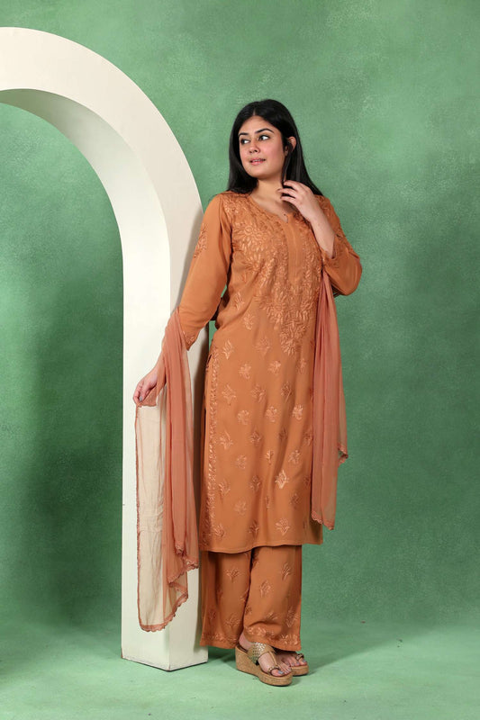Chikankari Kashmiri 3 Piece Palazzo Set with Modal Dupatta