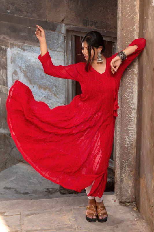 Chikankari Angarkha Anarkali Kurti for Women