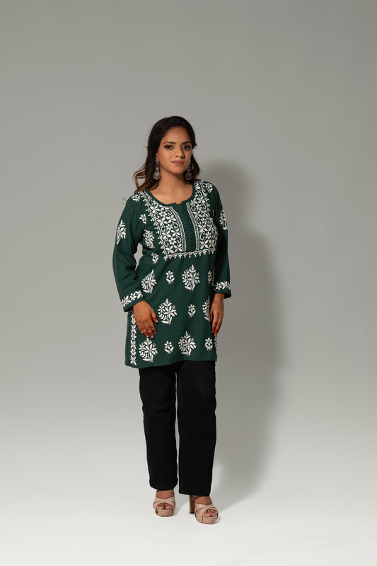Green Rayon Chikankari Midi Kurti