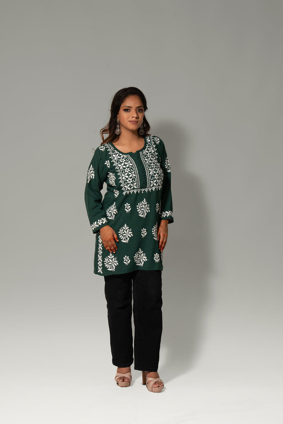Green Rayon Chikankari Midi Kurti