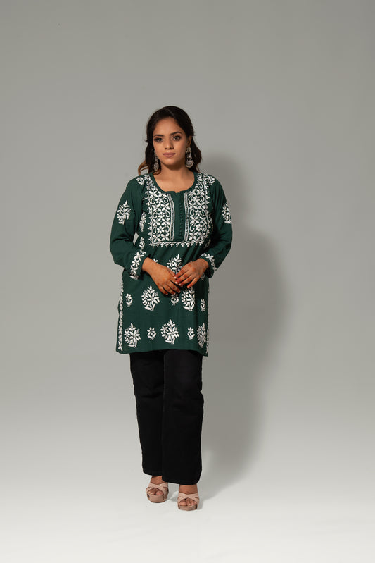 Green Rayon Chikankari Midi Kurti