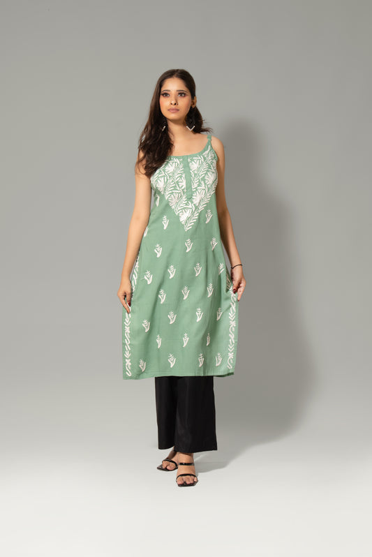 Green Rayon Chikankari Midi Kurti