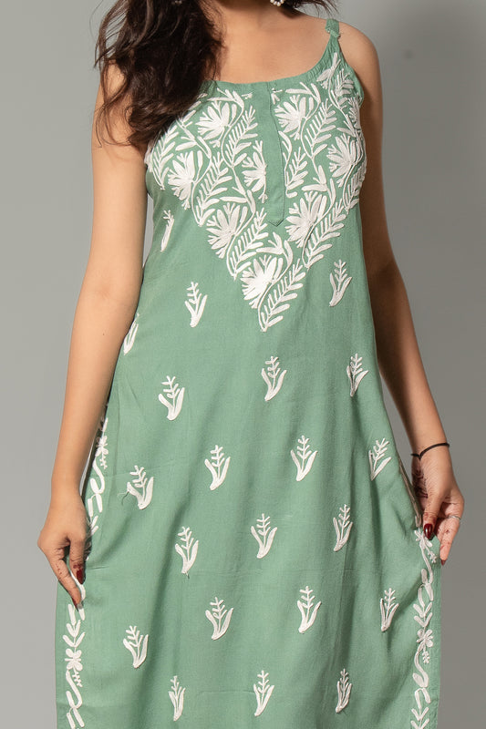 Green Rayon Chikankari Midi Kurti