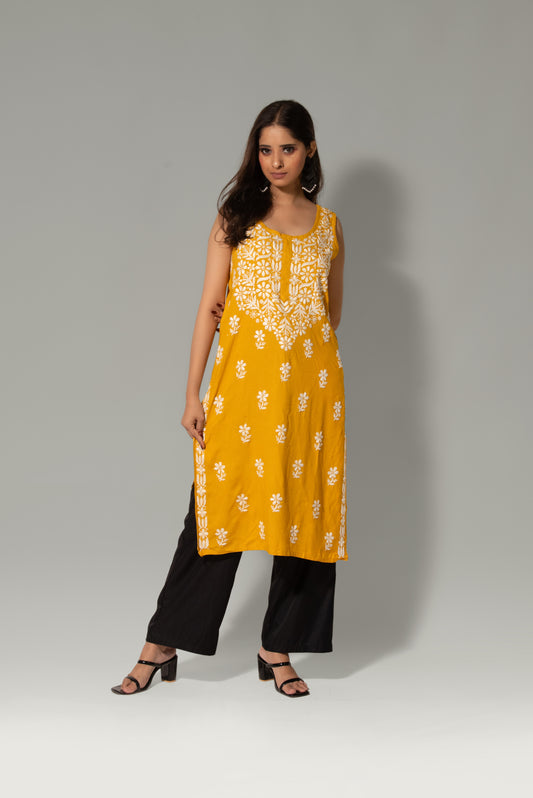 Noori Sleeveless Rayon Chikankari Kurti