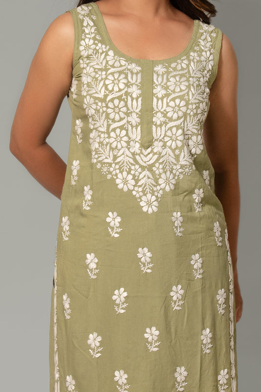 Noori Sleeveless Rayon Chikankari Kurti