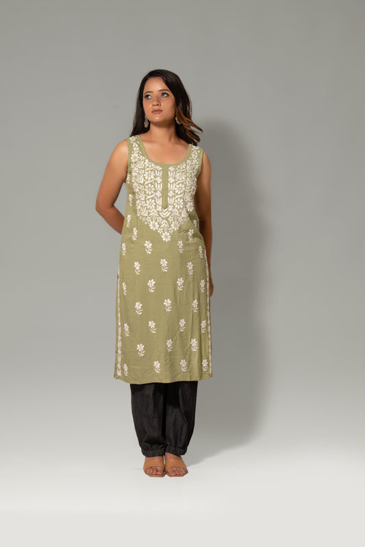 Noori Sleeveless Rayon Chikankari Kurti