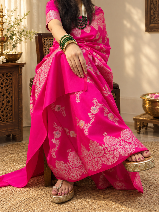 Hot Pink Katan Saree