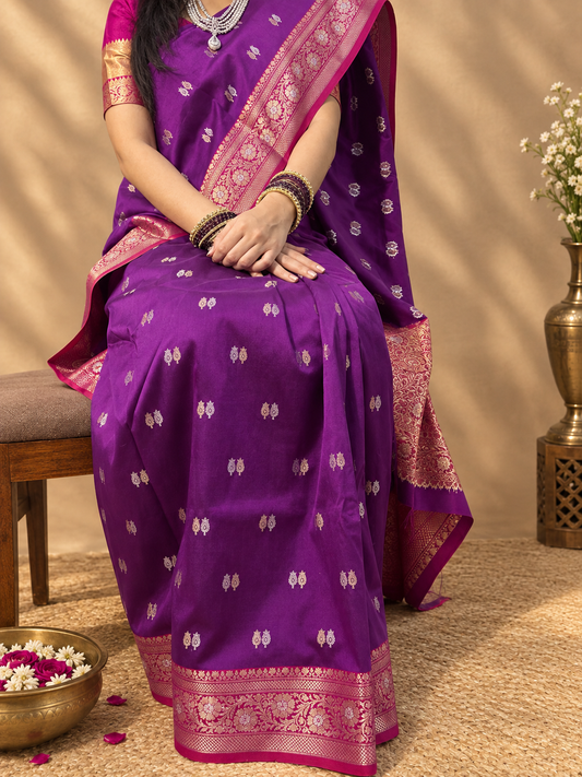 Twilight elegance- light buti border silk saree