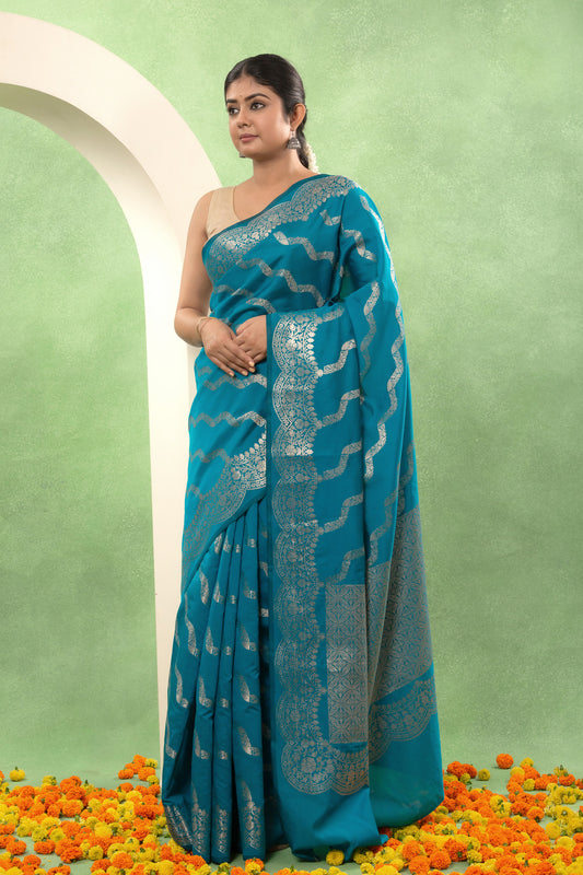 Teal Blue Banarsi Katan with Silver Aada Weave