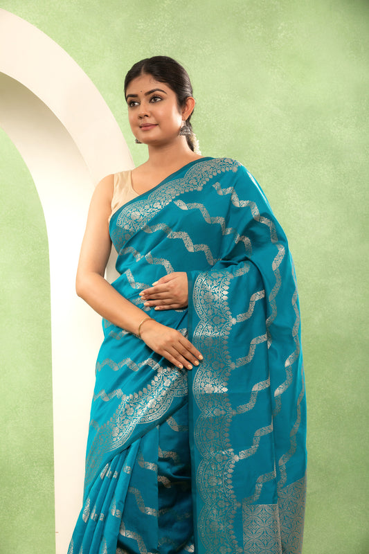 Teal Blue Banarsi Katan with Silver Aada Weave