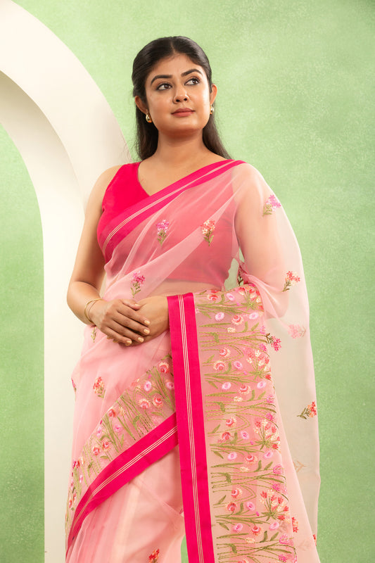 Blush Pink Banarasi Organza Saree