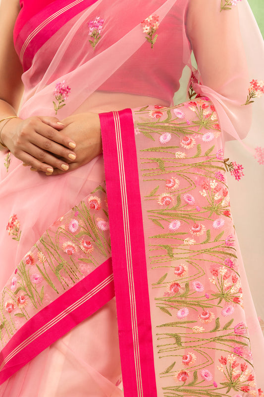 Blush Pink Banarasi Organza Saree