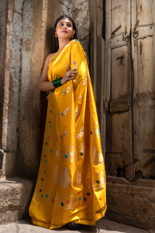 Pure Katan Banarsi Handloom - Floral Meenakari