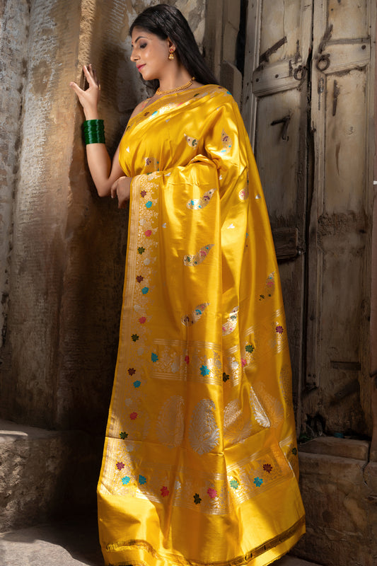 Pure Katan Banarsi Handloom - Floral Meenakari