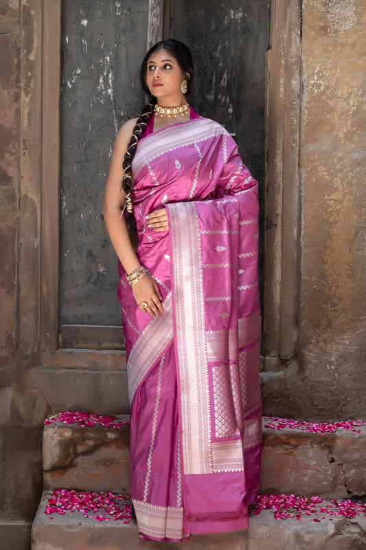 Pure Katan Banarsi Handloom - Booti & Stripes