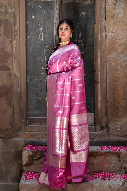 Pure Katan Banarsi Handloom - Booti & Stripes