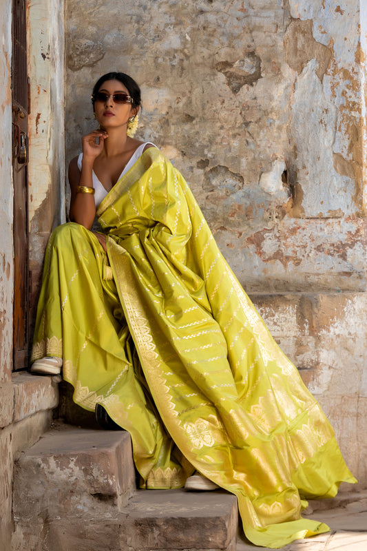 Pure Katan Banarasi Handloom - Zari Vertical Stripe