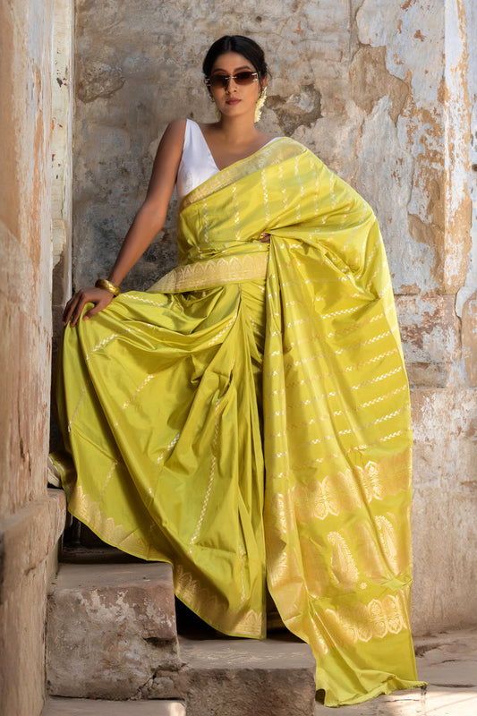 Pure Katan Banarasi Handloom - Zari Vertical Stripe