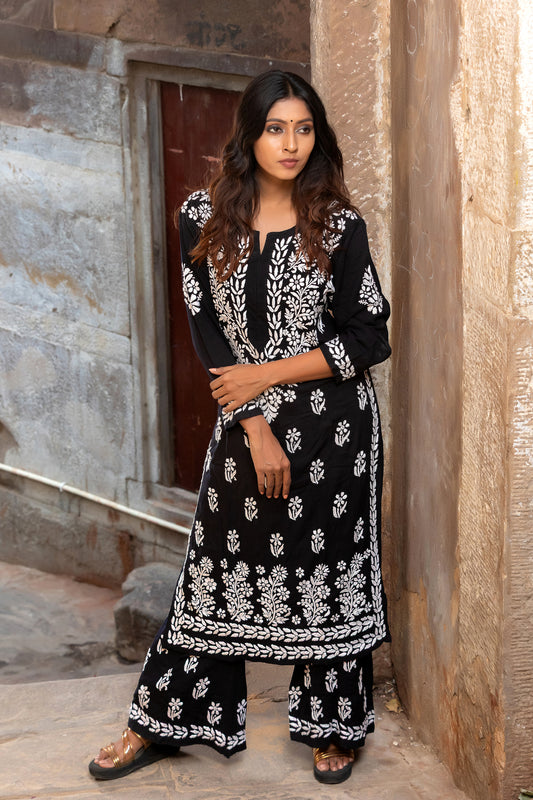 Black Rayon Chikankari Palazzo Set