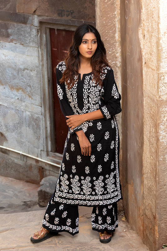 Black Rayon Chikankari Palazzo Set