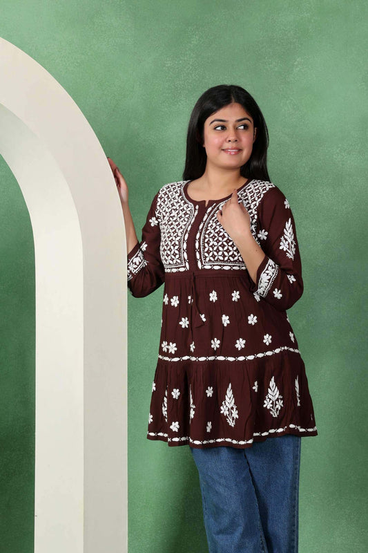 Chikankari Solid Women's Short Kurta with Frill