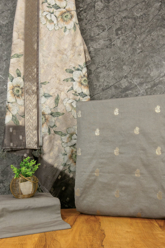 Banarasi Zari Weave Suit Fabric with Contrast Digital Print Dupatta